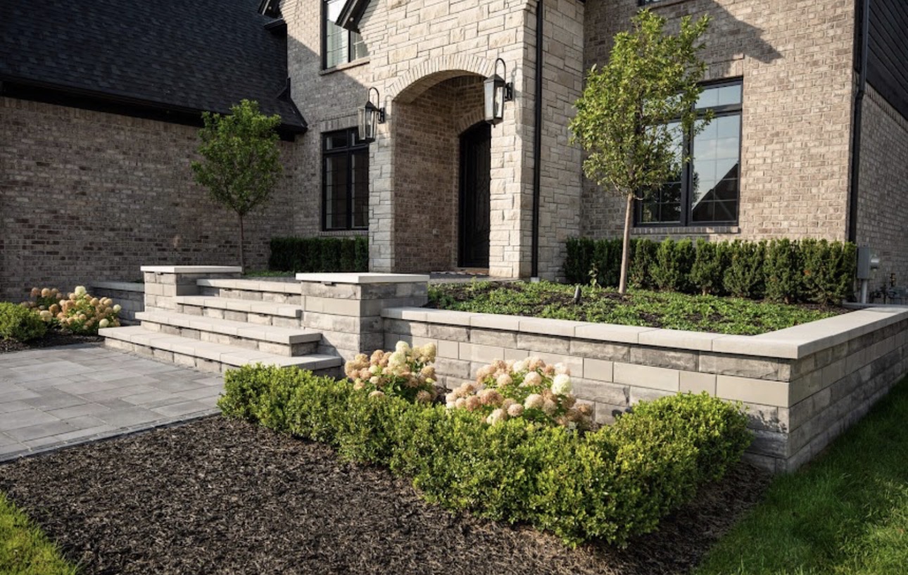 Luxury front-yard hardscape and landscape by Nick's Lawncare in Lockport, IL